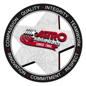 Astro Machine Works logo surrounded by circle with Astro values Astro Machine Works logo surrounded by circle with Astro values